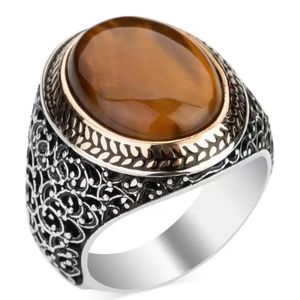 Eheringe Vintage handgefertigter Ring für Herren und Damen, Set, brauner Tigerauge-Stein-Ring, Punk-Trend, religiöser muslimischer islamischer Schmuck 240104