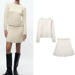 Work Dresses Artificial Pearl Embellished Knitted Sweater. Mini Skirt. 2024 Spring And Autumn Fashion Style Set