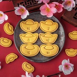 Moldes de cozimento 2024 ano lingote de ouro cortador de biscoito moldes chinês primavera festival biscoito embosser selo fondant ferramentas de decoração de bolo