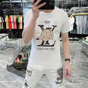 メンズTシャツマーセル化コットンファッションハットホットダイヤモンドプリント半袖TシャツMan T240105