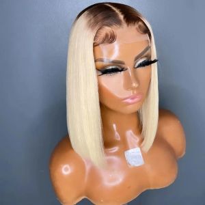 Blonde with Brown Root Human Hair Short Bob Wigs Straight Lace Front Wig 180 Density Honey Blonde Lace Frontal Wigs for Black Women