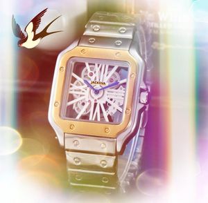 Oco transparente quadrado mostrador romano data automática relógios masculinos moda de luxo caixa de aço inoxidável completo relógio de movimento de quartzo série tanque relógios de pulso presentes