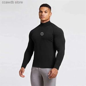 Herr t-shirts spring höst gym shirt snabb torr sport t shirt män som kör fitness tees topps turtleneck långärmad t-shirt träningskläder t240105