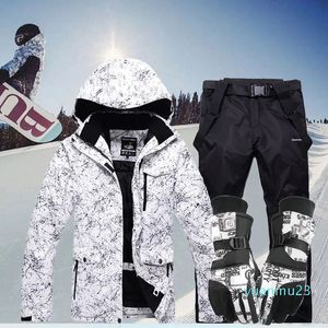 Утолщенный теплый лыжный костюм для мужчин и женщин, зимний ветрозащитный, непромокаемый лыжный костюм, перчатки для катания на сноуборде, куртка и брюки, комплект мужского размера плюс 3XL