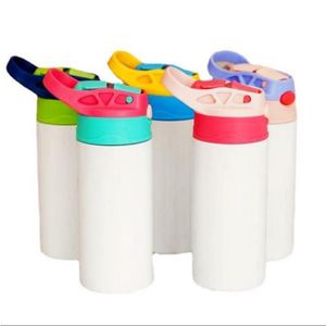 Stock Sublimation Mugs Blanks Kids Tumbler Baby Bottle Sippy Cups 12 OZ White Water Bottle with Straw and Portable Lid 5 Color Lids Pri Dpmp