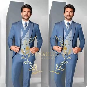 Giubbotti Ultimo design Blu Abiti da uomo per matrimonio Slim Fit Formale Sposo Abito da ballo Smoking Maschile 3 pezzi Blazer Set Giacca + pantaloni + gilet