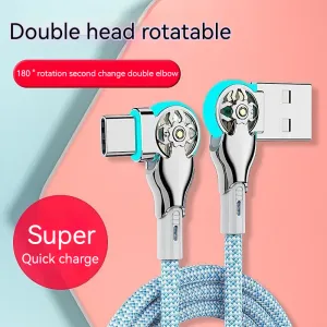 Fast Charging Cable 180 Degree Elbow Rotation USB A to Type C Cable with Light Zinc Alloy Braided Data Cable USB Micro Charger 0.3M 1M 2M