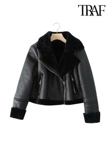 Trafo kadın moda kalın sıcak kış kürk sahte deri kırpılmış ceket ceket vintage uzun kollu kadın dış giyim şık üstleri 240104