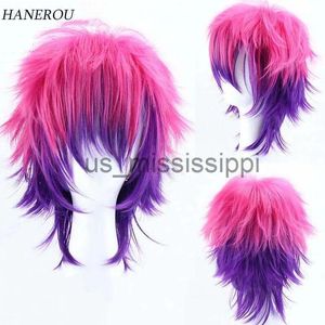 Peruki syntetyczne peruki krótkie proste różowe gradientowe fioletowe perukę syntetyczne włosy z grzywką dla mężczyzn Cosplay Halloween anime kostium Wig H