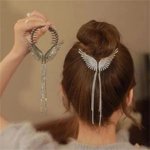 Angel Wings Hair Bun Hair Clips Women Girls Rhinestone Tassel Ponytail Button Hairpin Golden Fashion Accessories