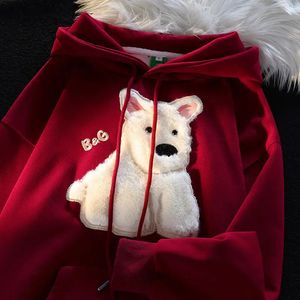 American High Street Embroidered White Dog Hoodie Autumn Sweater Loose Oversize Casual Outwear Top 240104