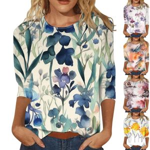 Women's T Shirts Vintage Floral Print 7/10 Sleeve Crew Neck Womens Tops Long Top Swim Woman Clothes