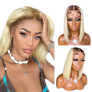 Brazilian 4/613 Honey Blonde Ombre Bob Wigs 13x4 Lace Front Human Hair Dark Roots 613 Bob Cut Wigs For Black Women Prepluck