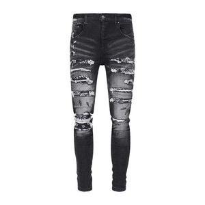 Jeans roxos designer mens calças nova marca de moda de rua cinza angustiado lavado esfarrapado flor de caju plissado remendo buraco rasgado ajuste fino para homens