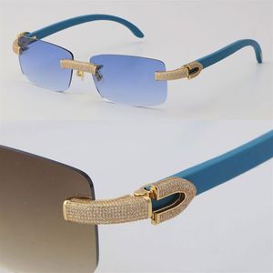 Neue Damen-Sonnenbrille mit Mikropavé, Diamant, randlos, aus Holz, Original-Designer-Brille für Herren aus blauem Holz, männliche und weibliche Brillen, 18 Karat Gold, 256 g