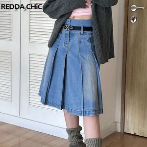 REDDACHIC Vintage Knee Length Midi Long Pleated Denim Leather Women's Acubi Fashion Grunge Y2k Street Blue Jeans Bottom Women's 231229