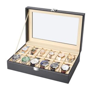 12 Slot PU Leather Watch Box Display Case Jewelry Organizer med Glass Top 240104