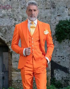 Tuxedos Fashion Orange Groom Tuxedos Peak Lapel Groomsmen Mens Sukni