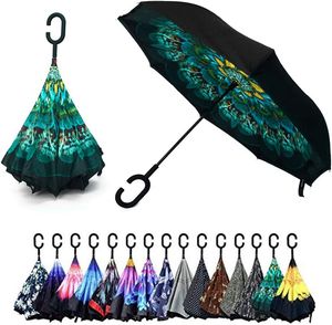 49 Inch Inverted Reverse Upside Down Umbrella Extra Large Double Canopy Vented Windproof Waterproof Stick Umbrellas with C-shape Handle