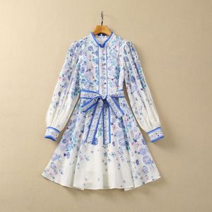 European and American women's clothes 2024 spring new Long sleeve stand collar belt blue flower print Fashion pleated dress