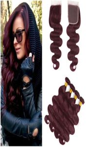 Virgin brasilianska vinröd mänskliga hårväv med stängning av kroppsvåg 99J Bourgogne Virgin Human Hair 4 Bundles handlar om 4x4 spets C3822430