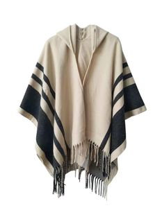 Women Tassel Shawls 2 kolory paski mody beżowe szare szaliki szalone z kapturem okładki poncho na zimę 3921929