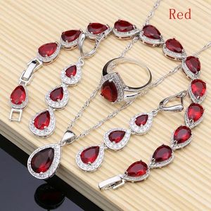 Armband vatten droppe sier smycken röd rubin vit topas smycken sätter kvinnor långa örhängen/hänge/halsband/ringar/armband dropshipping