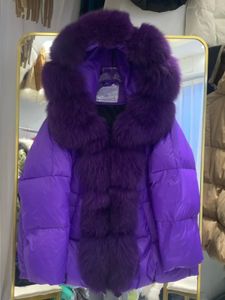 Inverno feminino casaco quente oversized real pele de raposa com capuz gola grossa luxo outerwear moda 90% ganso para baixo jaqueta 240105