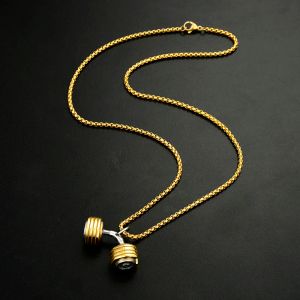 Collana con ciondolo con manubri da uomo, in oro giallo 14k, per sport, palestra, fitness, collana con bilanciere, catena di gioielli maschili 24