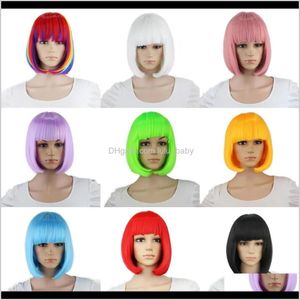 Parrucche 10 pollici dritto corto Bob Bangs Blu Dorato Rosso Nero Bianco Viola Rosa Verde Marrone Parrucca Cosplay Femminile Anfol Ojp1W