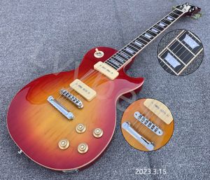 E-Gitarre mit Ahornbrettdecke, Cherry Burst P90-Tonabnehmern, kleiner PinBridge mit Voulte auf dem Kopfrücken