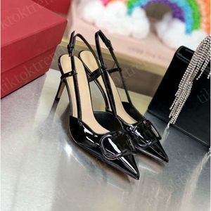 The new Heel summer one-button shallow heel sandals for womens with pointy leather patent nude high heels eur35-41