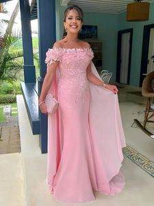 3D Floral Appliques Pink Evening Dresses With Detachable Chiffon Cape Off The Shoulder Long Mermaid Formal Occasion Gowns Gorgeous Prom Dress