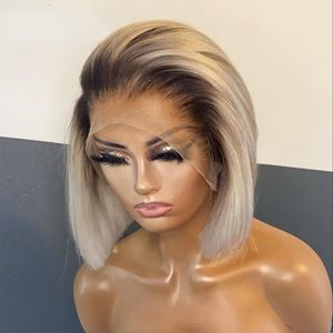 Brasilianische kurze Bob-Perücke, gerade, Ombre-Blond, 13 x 4 Spitzenfront-Perücken, gerade Echthaar-Perücken für Frauen, Schwarz/Grün/Rot/Ingwer, synthetische Perücke