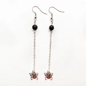 Dangle Earrings Black Lava Rock Beads Chain Diy Drop Long Hook Tassel Metal Butterfly Charm Earring Natural Stone