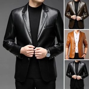 Spring Autumn Men Fake Leather Suit Jackets High quality Lapel Collar Slim PU Jacket Casual Middleaged Coat 240105