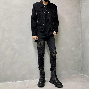 Fatos masculinos High Street Moda Lavado Stretch Slim Jeans Moda Designer Personalidade Costura Patch Calças Skinny Boot