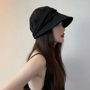 Berets Cotton And Linen Octagonal Bucket Hat Japanese Elegant Sunscreen Sun Caps Summer UV Protection Wrinkled Texture Women's Hats