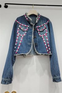 Highend Design Temperament Heavy Industry Pärlor Frayed Hem Denim Jacket Womens Jean Top Autumn Cropped Coats 240104