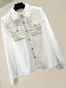 Moda Tasarımcısı Tweed Patchwork Şifon Gömlek Bluz Kadınlar Vintage Uzun Kollu Altın Zincir İnciler Dokum Püsküller Cep Toss 240105