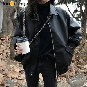 Куртки HanOrange, женская куртка из искусственной кожи, байкерская куртка с отложным воротником, мотоциклетные куртки из искусственной кожи, свободная уличная одежда, верхняя одежда, весеннее пальто