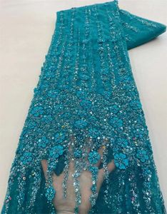 Tecido de renda africano de alta qualidade francês 3d flor lantejoulas bordado contas tule tecido de renda para vestido de festa 240104