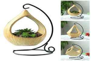 Iron Stand Hanging Basket Microlandschaft Geometric Ceramic Succulent Plants Flower Pot Iron Hook Desk Bracketplant Pot1205142