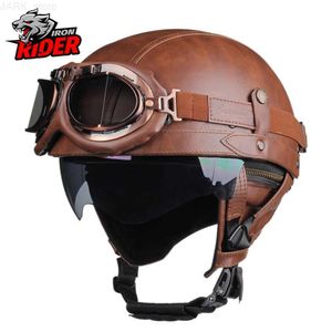 Motorcykelhjälmar Summer Motorcykelhjälm Halv Pu Leather Retro Motorcykel Helm Moto Bike Motocross Helmets With For Men Women Casco Dotl24014