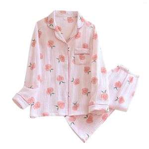 Pijamas femininos pijamas finos terno para senhoras bonito rosa pêssego impressão cardigan desgaste conjunto em mulheres pijama pour femme