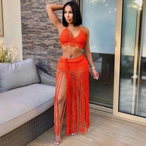 Work Dresses BKLD Sexy Hollow Out Crochet 2 Piece Sets Halter Lace-up Crop Top And Long Tassel Skirt Vacation Outfits Summer Beach Dress