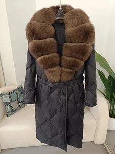 OftBuy Long Winter Jacket Women Real Fox Fur Collar Natural Thick Warm 90％Duck Down Coat Belt Outerwear Streetwear Roose 240105