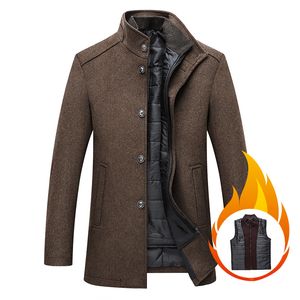 温かいウールコートの男性厚いオーバーコートトップコートメンズシングル胸のコートと調整可能なベストメンズコート付きジャケット