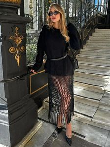 Saias moda sexy preto malha borla para mulheres chique de alta qualidade senhoras cintura elástica saia outono feminino 2024 streetwear