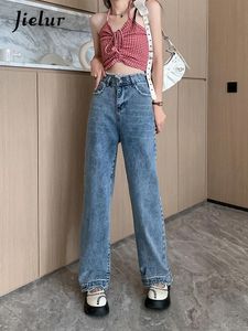 Jeans jielur wideleg haruku casual jeans dam highwaist rak denim byxor kvinnor preppy stil retro blå denim byxor kvinnlig